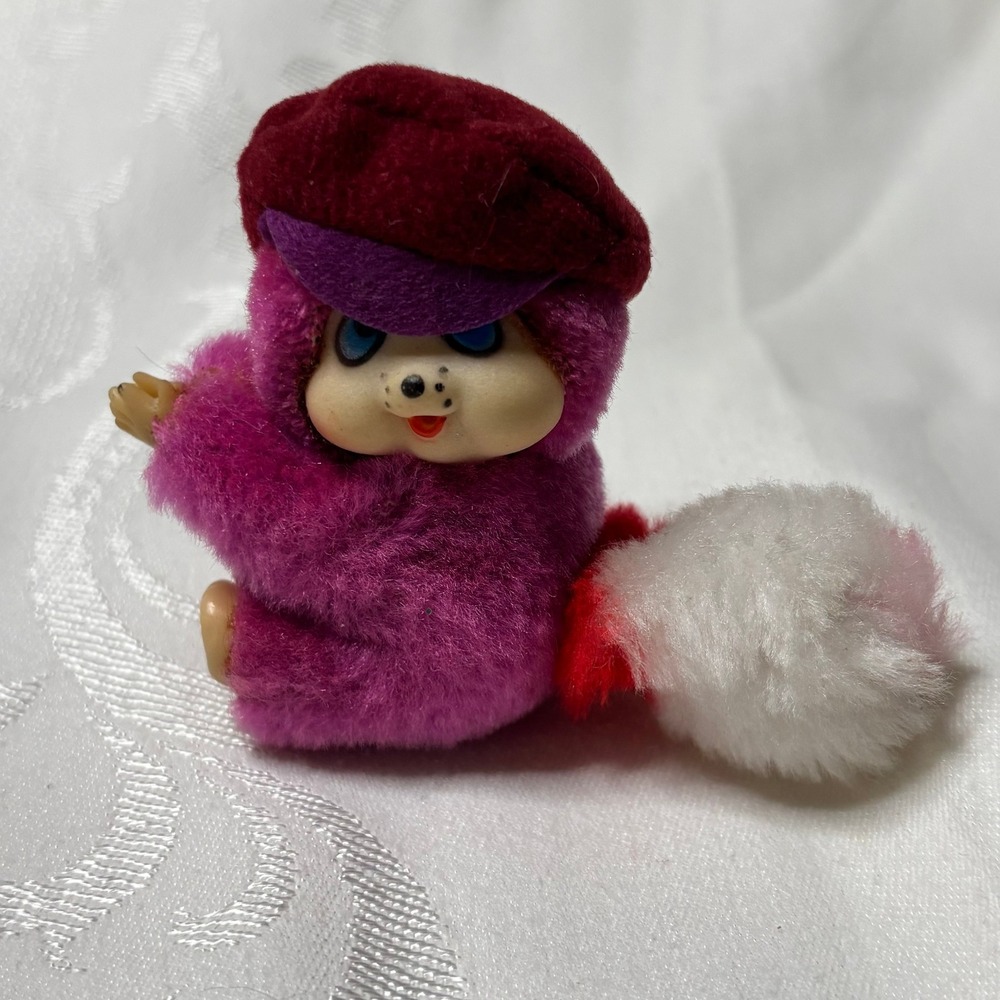 Vintage Monchhichi Style Monkey Pencil Hugger Clip Pink Hat Fluffy Tail‎ Bell